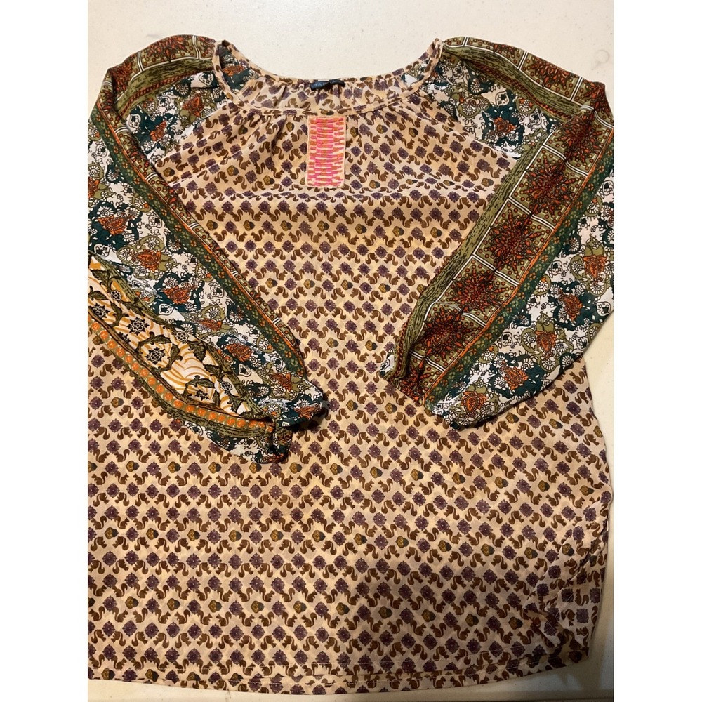 2 HANNAH Boho Embroidered Peasant Blouse Top Women's M Beige Floral Print - Picture 2 of 13